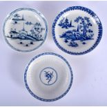 THREE 18TH CENTURY ENGLISH PORCELAIN SAUCERS including Worcester. 12 cm wide. (3)