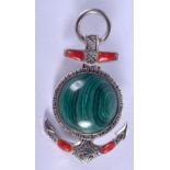 A SILVER MALACHITE ANCHOR PENDANT. 3.5 cm x 2.25 cm.