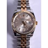 A GOOD ROLEX TWO TONE GOLD AND STAINLESS STEEL DATEJUST WRISTWATCH with box and papers. 3.5 cm wide.