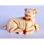 A LATE 19TH CENTURY JAPANESE MEIJI PERIOD CARVED IVORY NETSUKE modelled as a recumbant bullock. 4 cm