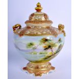 A JAPANESE NORITAKE PORCELAIN VASE AND COVER painted with landscapes. 21 cm x 13 cm.