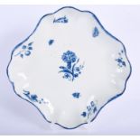 A RARE 18TH CENTURY WORCESTER CARNATION AND FRUIT SPRIG LOBED SQUARE SHAPED DISH, crescent mark. 22