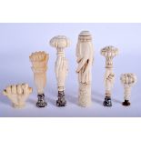 SIX 18TH/19TH CENTURY CARVED IVORY AND MOTHER OF PEARL SEALS in various forms. Largest 10.5 cm high.