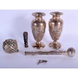 A PAIR OF 19TH CENTURY CHINESE EXPORT SILVER VASES together with a silver parasol handle etc. 374 gr