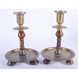 A PAIR OF 19TH CENTURY ISLAMIC MIDDLE EASTERN SILVER INLAID JADE CANDLESTICKS. 20 cm x 8 cm.