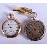 AN ANTIQUE GOLD PLATED ELGIN FOB WATCH and another silver watch. 2.75 cm wide. (2)