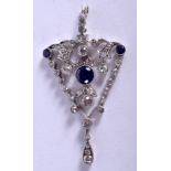 A FINE 18CT GOLD PLATINUM AND DIAMOND BELLE EPOQUE PENDANT encasing three large sapphires. Largest s