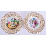 A PAIR OF ANTIQUE AUSTRIAN PLATES NGF Gisshuebl, painted with still lifes. 25 cm diameter.