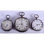 THREE ANTIQUE SILVER POCKET WATCHES. Largest 5 cm wide. (3)