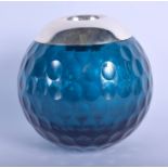 A VINTAGE SILVER MOUNTED BLUE GLASS GOLF BALL MATCH STRIKER. 13 cm x 11 cm.