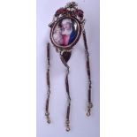 A RARE MID 19TH CENTURY SILVER GILT GARNET AND ENAMEL CHATELAINE painted with a saint and child. 15