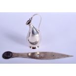 A STYLISH DANISH SILVER JUG and a silver coin letter opener. 121 grams. Largest 23 cm long. (2)