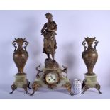 A LARGE 19TH CENTURY FRENCH SPELTER AND ONYX CLOCK GARNITURE with openwork foliate banding. Clock 61