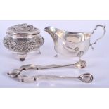 A SILVER SAUCEBOAT together with a silver box etc. 11.6 oz. (3)