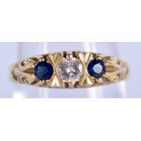 A VINTAGE 18CT GOLD DIAMOND AND SAPPHIRE RING. O. 3.8 grams.