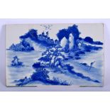 A 19TH CENTURY CHINESE BLUE AND WHITE RECTANGULAR BLUE AND WHITE TILE Qing. 25 cm x 15 cm.