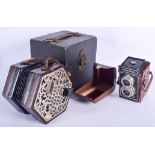 A VINTAGE C WHEATSTONE & CO CONCERTINA together with a photina camera. Concertina ends 15.5 cm wide.