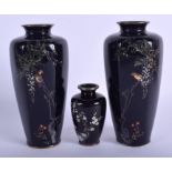 A PAIR OF EARLY 20TH CENTURY JAPANESE MEIJI PERIOD CLOISONNE ENAMEL VASES together with a smaller va