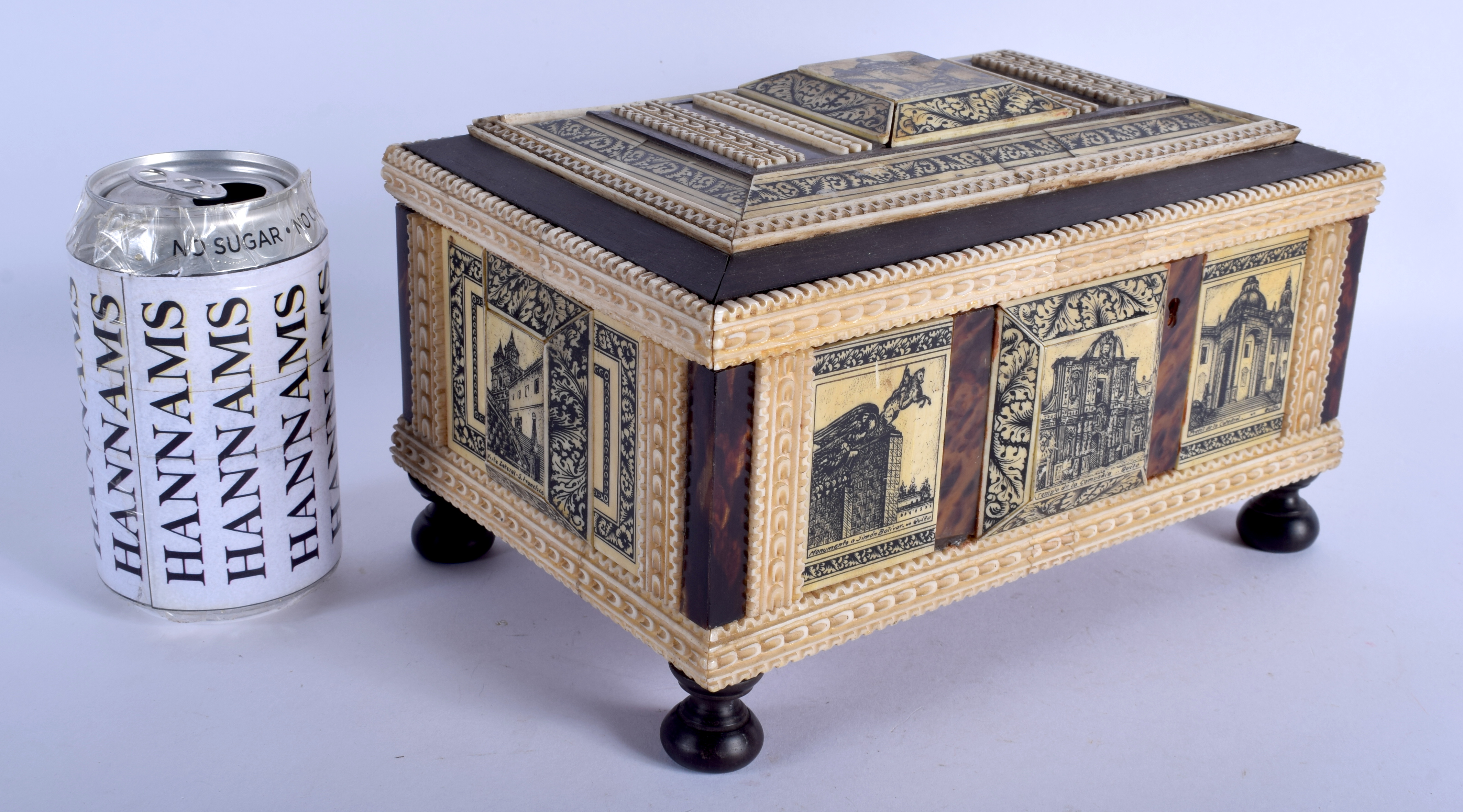 A GOOD EARLY 19TH CENTURY ANGLO INDIAN TORTOISESHELL CASKET decorated with engraved landscapes and b