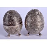 A PAIR OF VINTAGE INDIAN WHITE METAL EGG BOXES AND COVER. 3 oz.