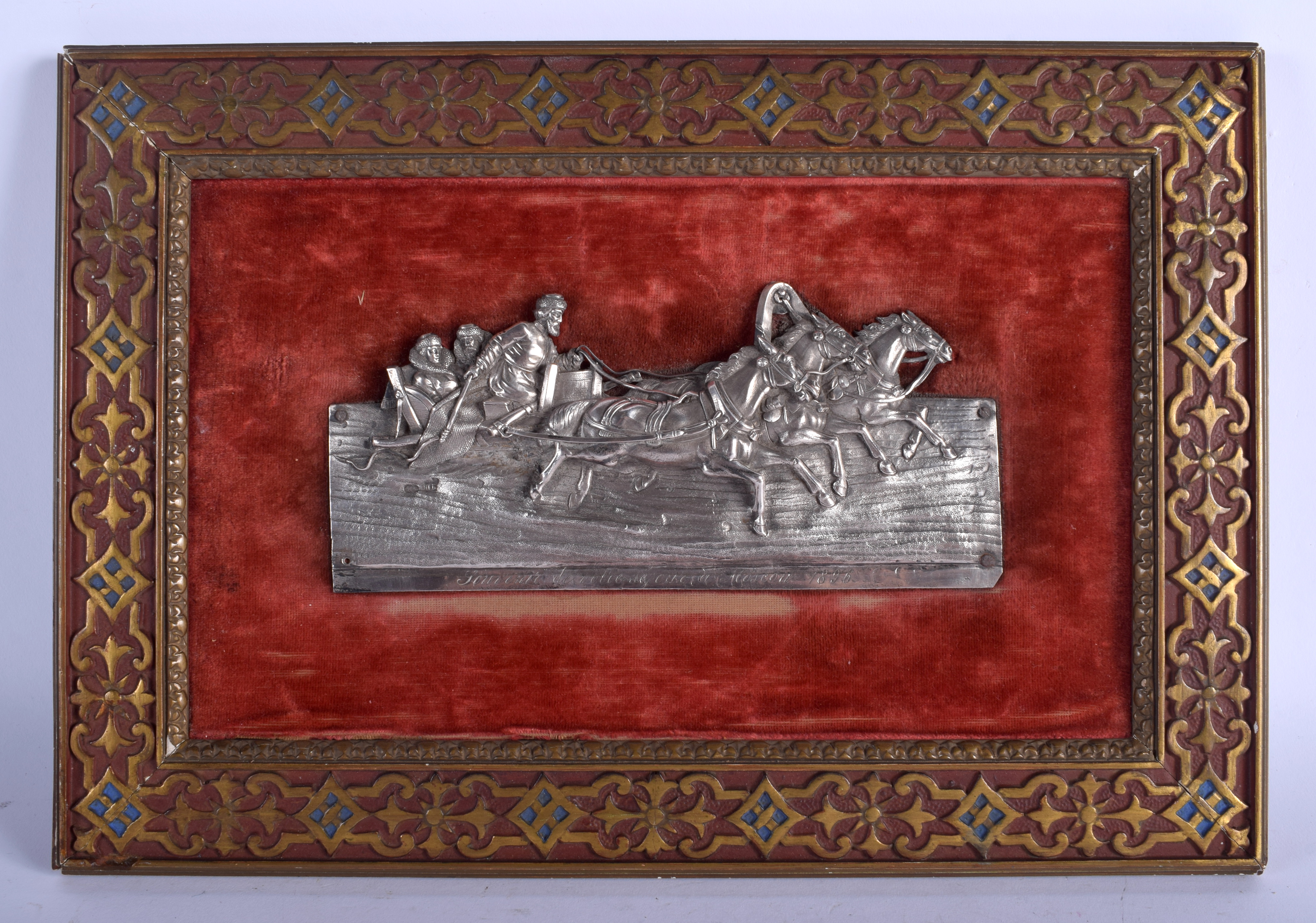 AN ANTIQU RUSSIAN SILVER MOUNTED CARVED WOOD PLAQYE depicting a troika. Silver 19 cm x 9 cm.
