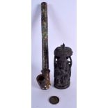 A VINTAGE INDIAN TEMPLE COIN TOKEN together with a pipe & hardwood ganesha. Largest 27 cm long. (3)
