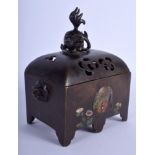 A RARE 19TH CENTURY JAPANESE MEIJI PERIOD BRONZE AND ENAMEL CENSER AND COVER decorated with fowl and