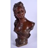 A 19TH CENTURY FRENCH ART NOUVEAU BRONZE BUST OF A FEMALE modelled as a grinning female. 30 cm x 13