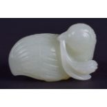 A FINE 19TH CENTURY CHINESE CARVED WHITE JADE FIGURE OF A QUAIL Qing, carved with the stem of a mill