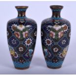 A PAIR OF EARLY 20TH CENTURY JAPANESE MEIJI PERIOD CLOISONNE ENAMEL VASES. 14 cm high.