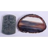 A CONTINENTAL AGATE SLAB and a jade tablet. (2)