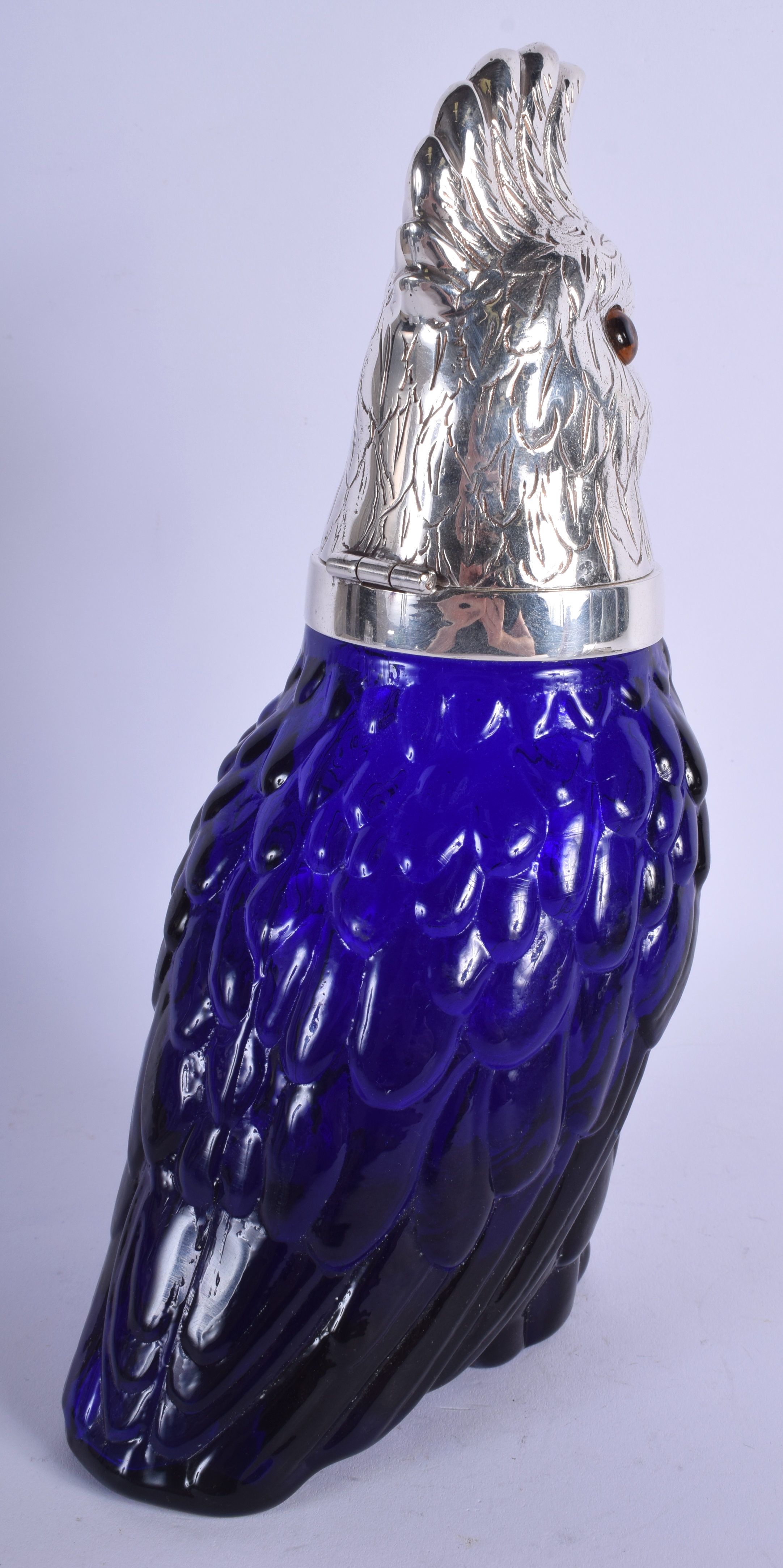 A CONTEMPORARY SILVER PLATED BLUE GLASS PARROT DECANTER. 27 cm high. - Image 2 of 3