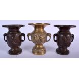 THREE 19TH CENTURY JAPANESE MEIJI PERIOD BRONZE VAES. Largest 15 cm high. (3)