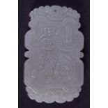 AN EARLY 20TH CENTURY CHINESE CARVED GREYISH WHITE JADE TABLET Qing, decorated with a recumbent beas