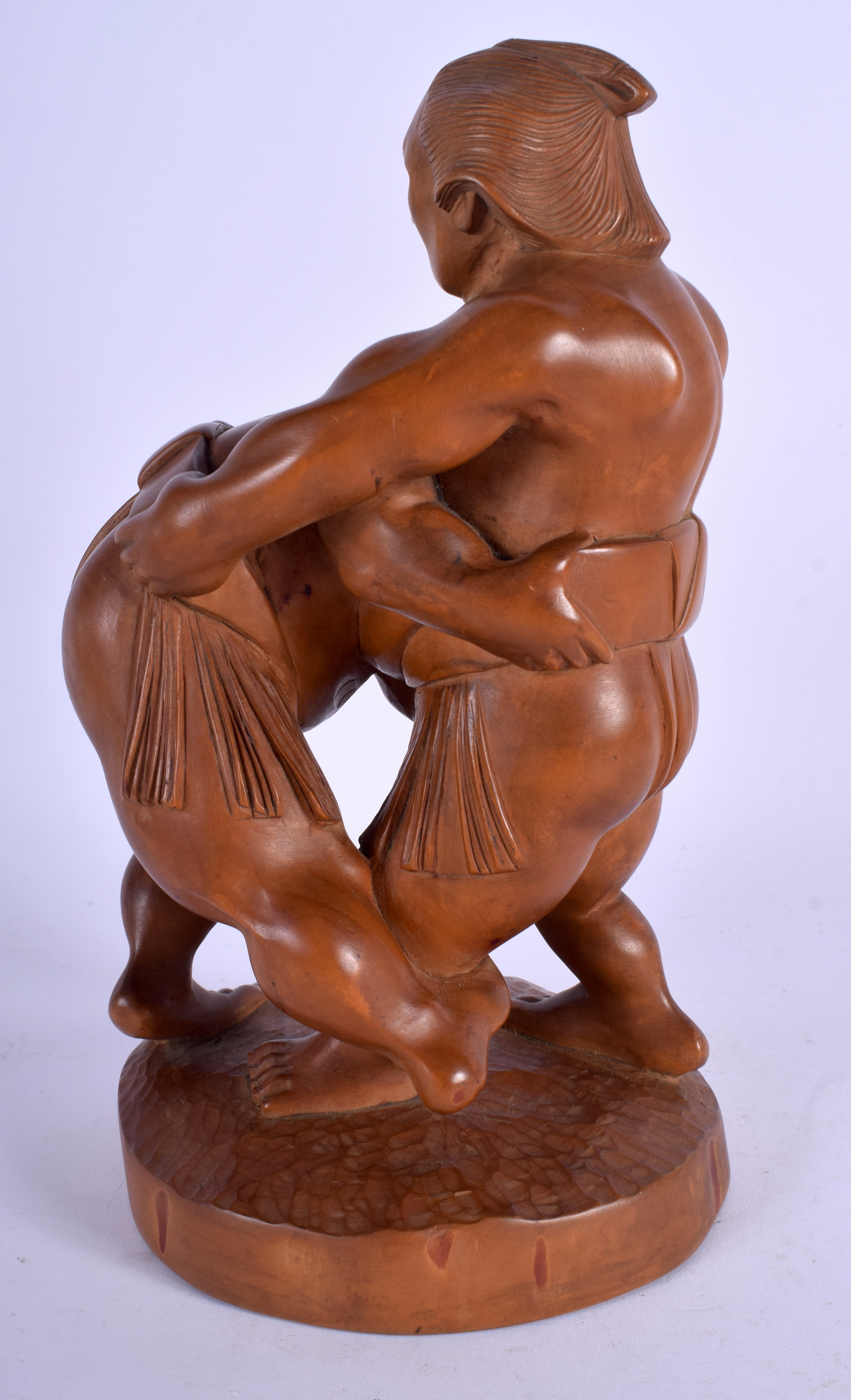 AN EARLY 20TH CENTURY JAPANESE TAISHO PERIOD BOXWOOD OKIMONO modelled as wrestling sumos. 24 cm x 10 - Image 2 of 3