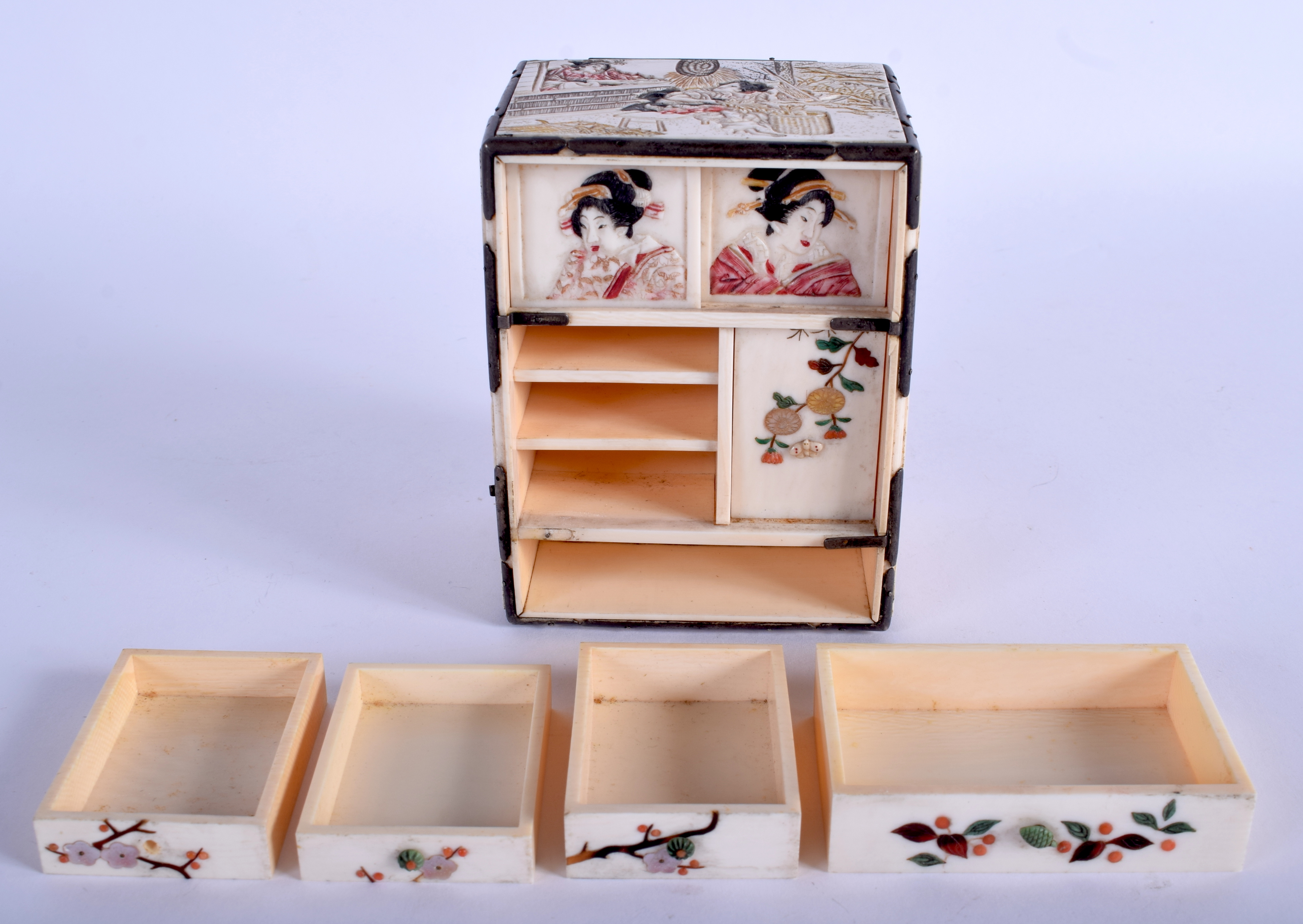 A 19TH CENTURY JAPANESE MEIJI PERIOD CARVED IVORY CABINET with shibayama inlaid decoration. 10 cm x - Image 3 of 3