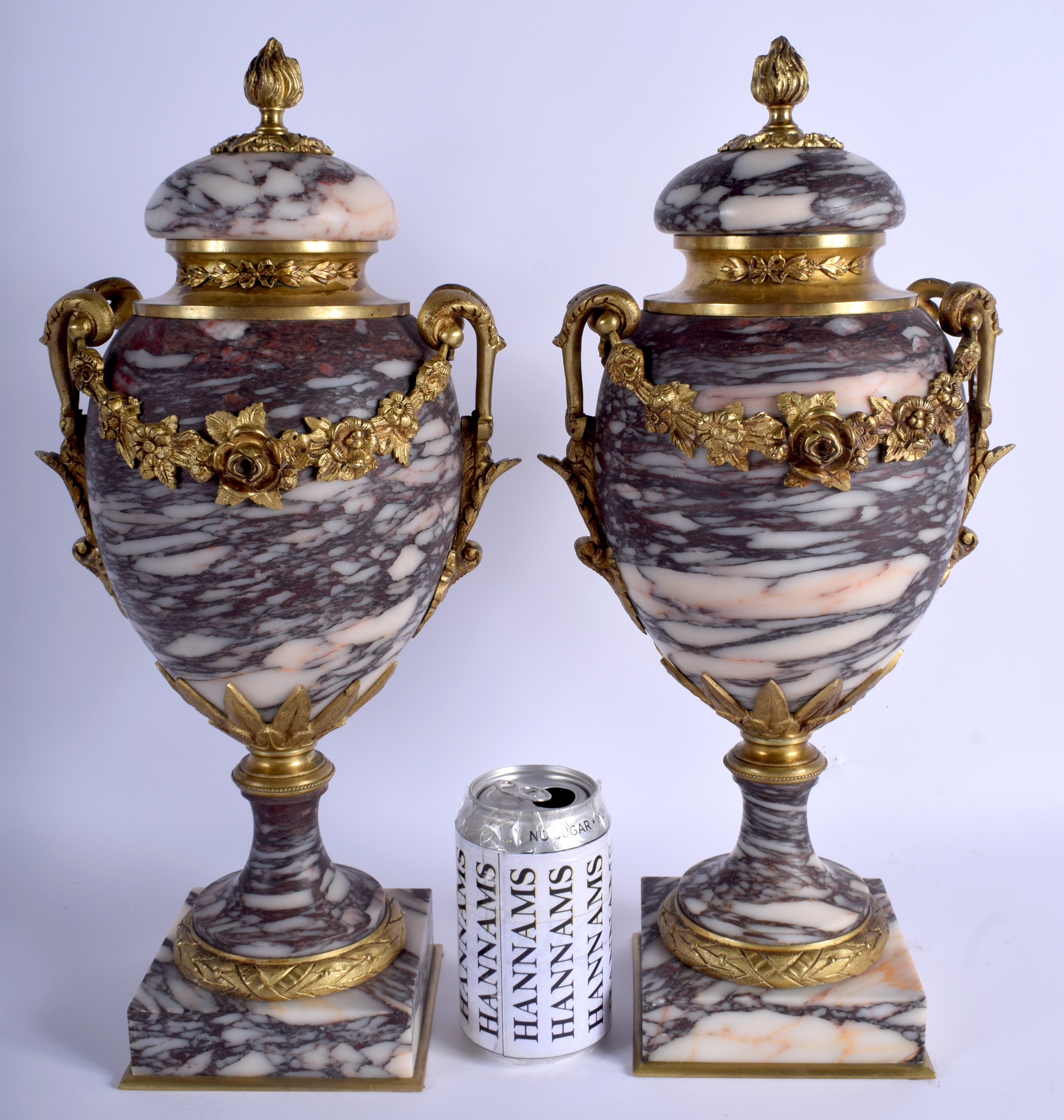 A PAIR OF MID 19TH CENTURY FRENCH ORMOLU AND MARBLE VASES AND COVERS. 42 cm x 14 cm.