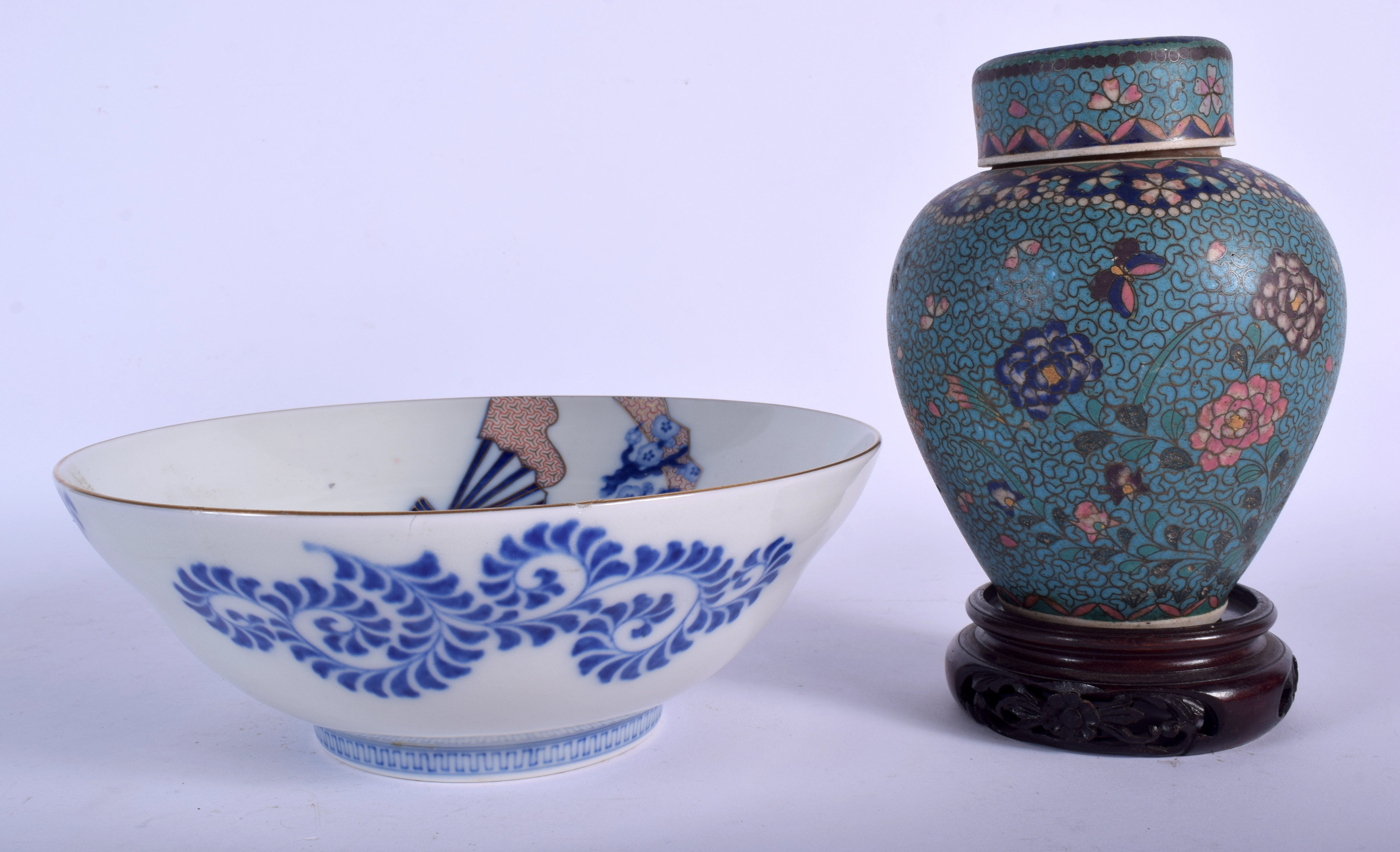 A 19TH CENTURY JAPANESE MEIJI PERIOD FAN BOWL together with an imitation cloisonne vase & cover. Bow