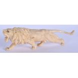 A 19TH CENTURY JAPANESE MEIJI PERIOD CARVED IVORY LION modelled roaming and scowling. 16.5 cm wide.