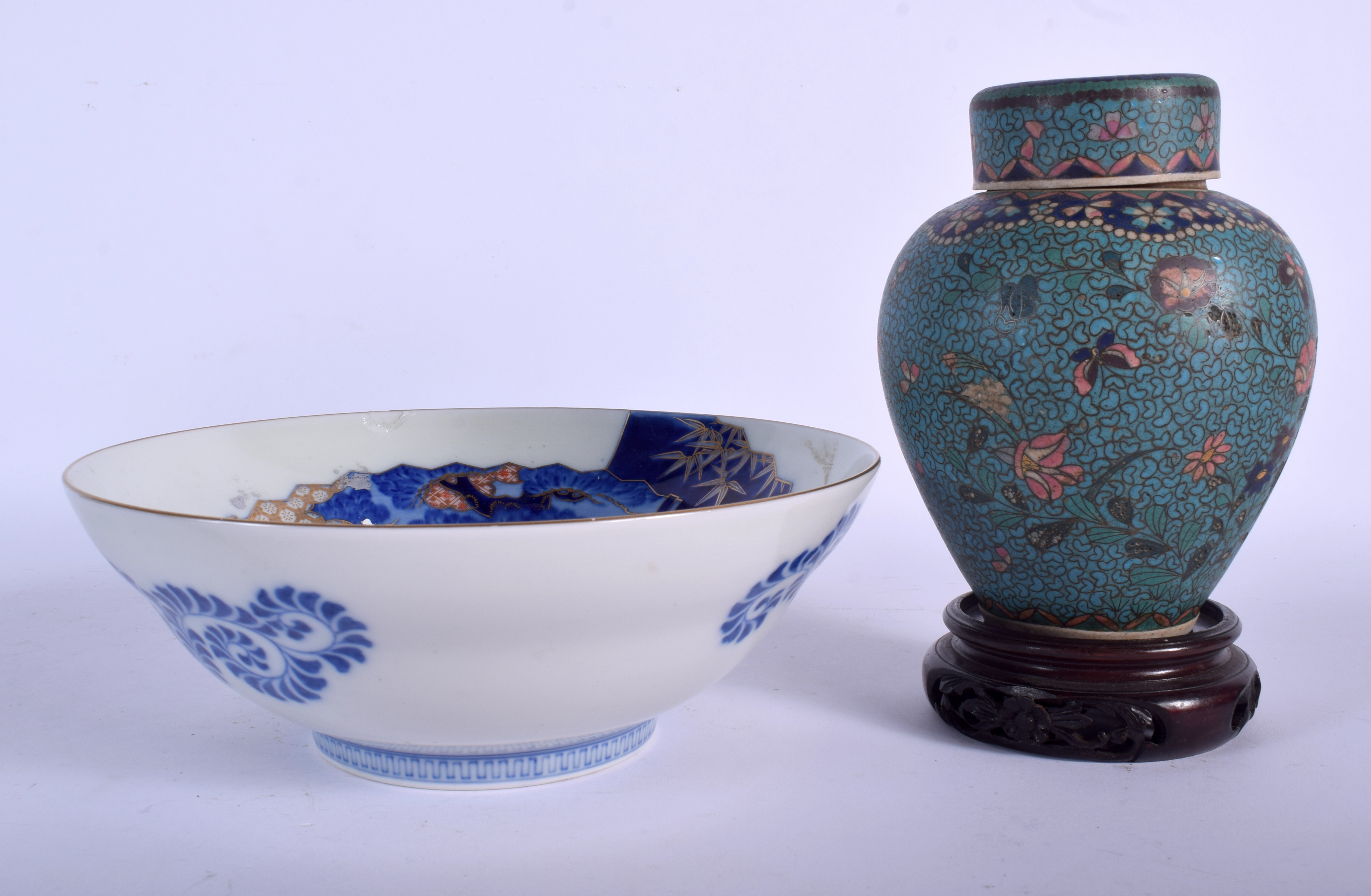 A 19TH CENTURY JAPANESE MEIJI PERIOD FAN BOWL together with an imitation cloisonne vase & cover. Bow - Image 2 of 3