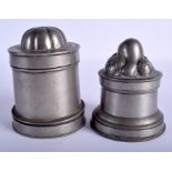 A VICTORIAN PEWTER JELLY MOULD and another. 8 cm x 8 cm. (2)