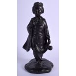 A 19TH CENTURY JAPANESE MEIJI PERIOD BRONZE OKIMONO modelled as a geisha. 20 cm high.