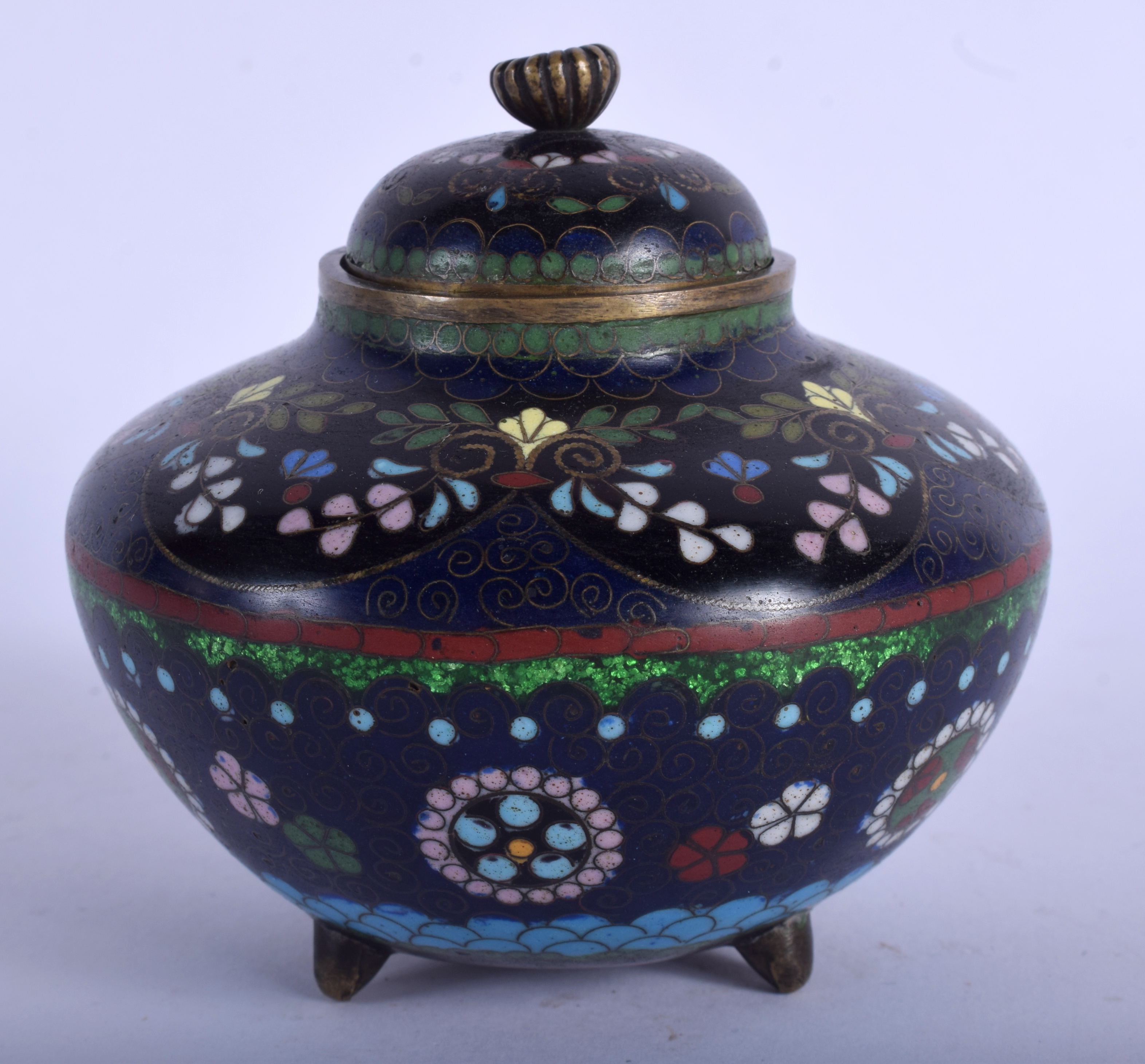 AN EARLY 20TH CENTURY JAPANESE MEIJI PERIOD CLOISONNE ENAMEL CENSER. 9 cm wide.