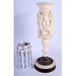 A LARGE 19TH CENTURY EUROPEAN DIEPPE IVORY AND TURNED WOOD GOBLET decorated with putti. 29 cm high.