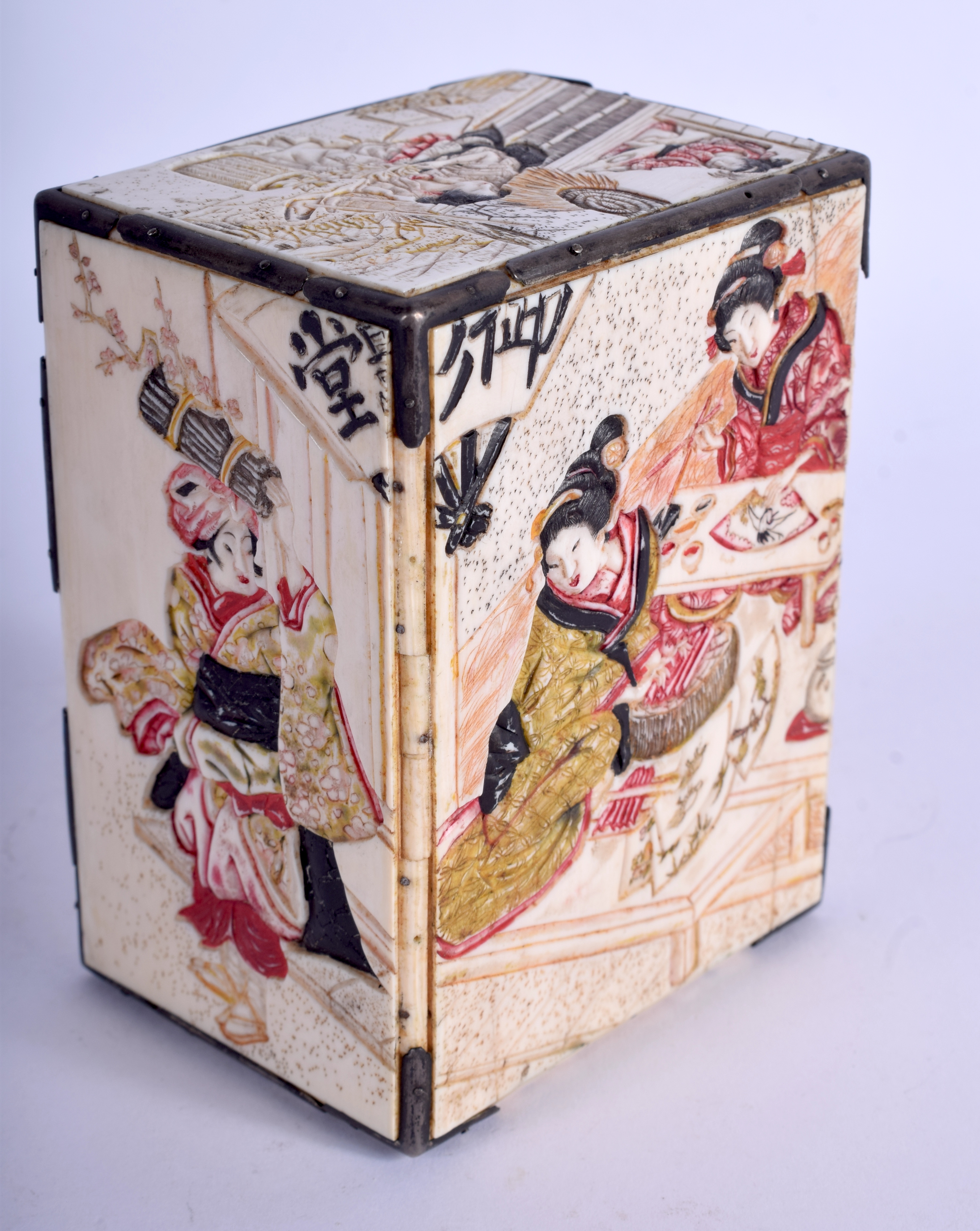 A 19TH CENTURY JAPANESE MEIJI PERIOD CARVED IVORY CABINET with shibayama inlaid decoration. 10 cm x - Image 2 of 3