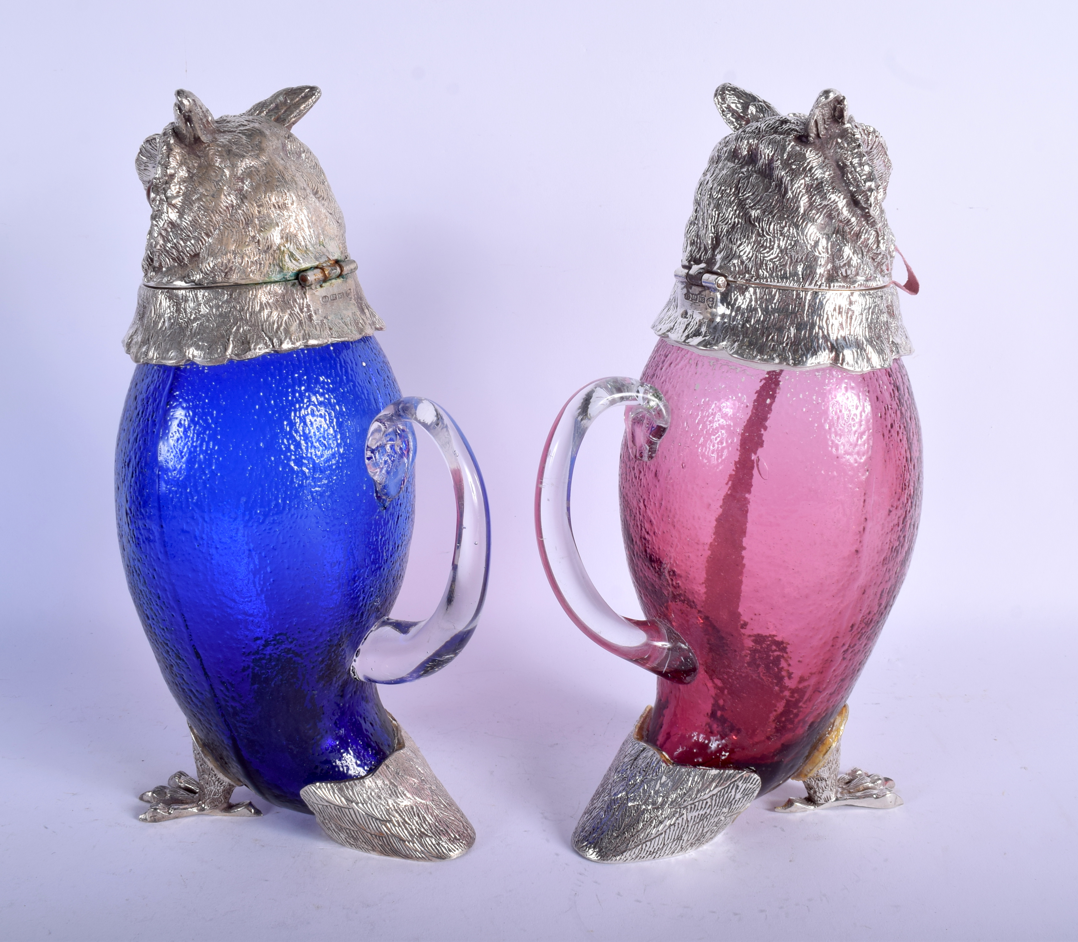 A PAIR OF CONTEMPORARY SILVER PLATED OWL DECANTERS. 31 cm high. - Image 2 of 4