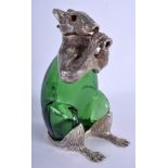 A CONTEMPORARY SILVER PLATED GREEN GLASS SQUIRREL DECANTER. 21 cm high.