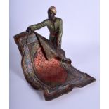 A CONTINENTAL COLD PAINTED BRONZE FIGURE OF AN ARABIC CARPET SELLER. 17 cm x 19 cm.