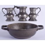 THREE ANTIQUE LONDON PEWTER MUGS together with a basin. Largest 31 cm wide. (4)