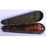 A VINTAGE CASED VIOLIN together with an early bone mounted bow, bow 48 grams. Violin 70 cm long. (2)